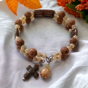 LIVE Beaded Bracelet Memory Wire Adjusts Bangle Cross Religious Inspirational